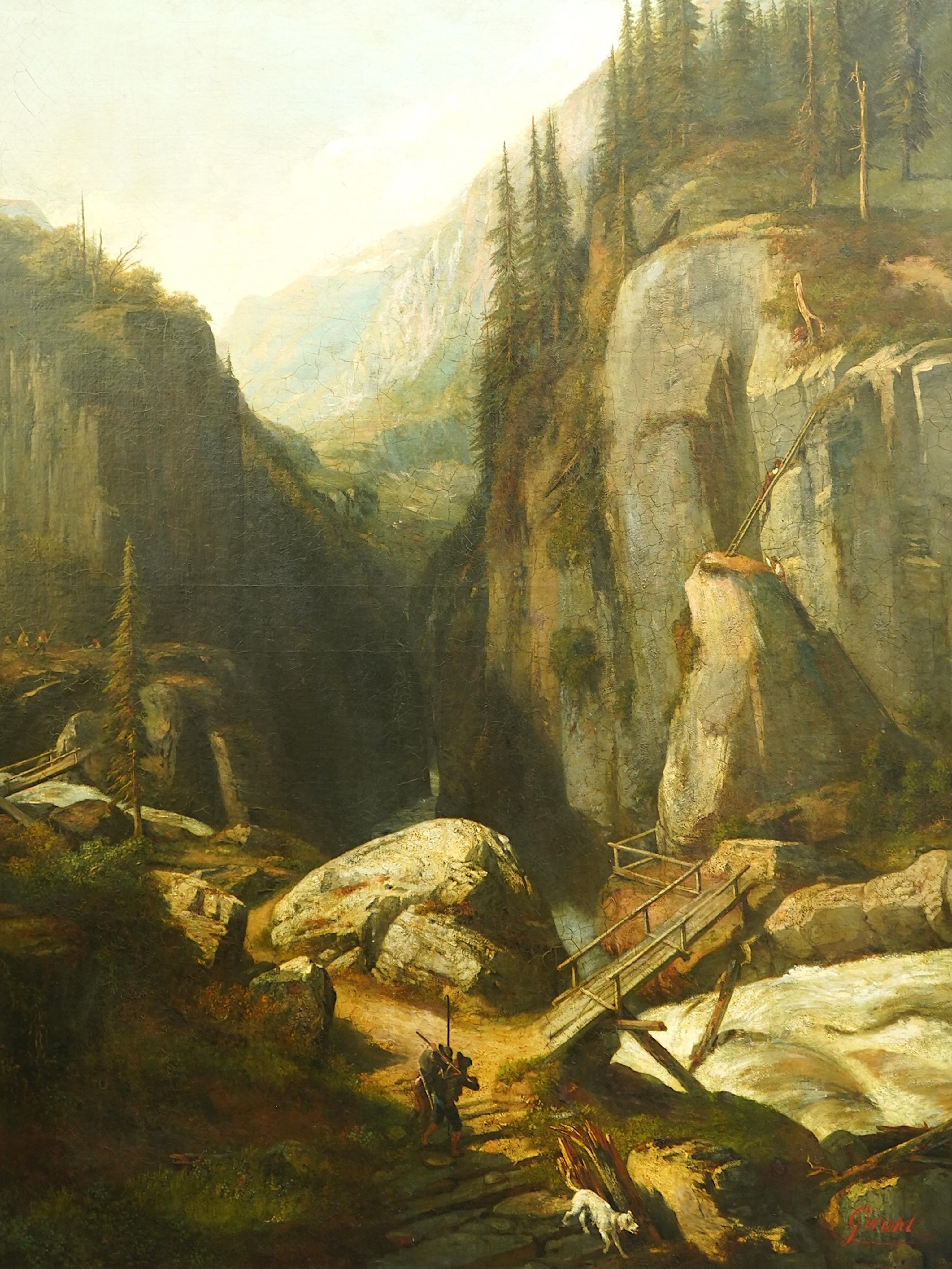 Pierre Girard (French, 1806-1872), Landscape with a deep ravine, river bridge and figures, possibly Unfailing, oil on canvas, 160 x 120cm